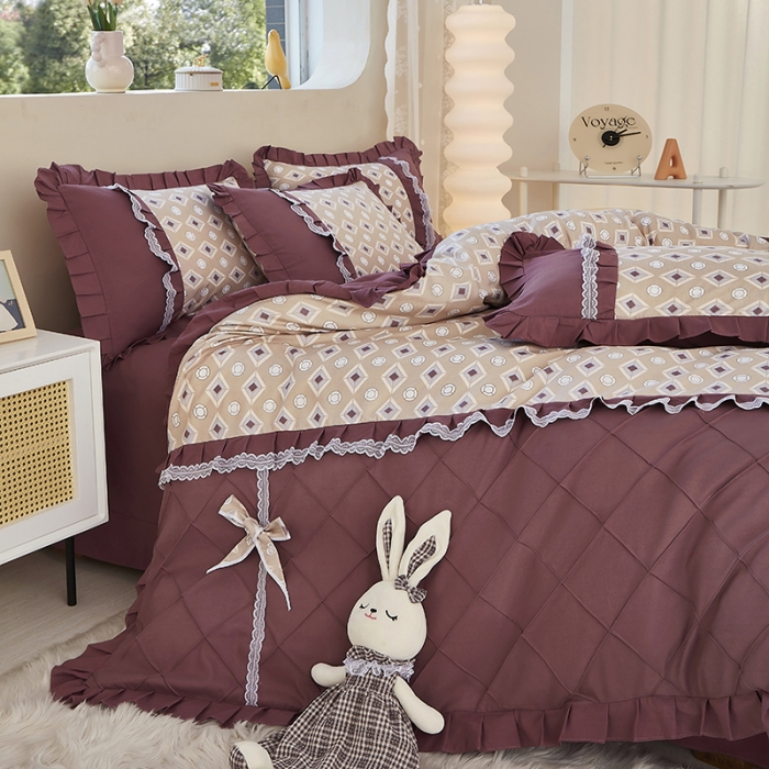 91家纺网 家纺一手货源 找家纺 靓生活 2023新款贡棉浪漫花边印花四件套 浮城迷恋-绿灰