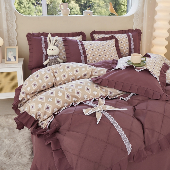 91家纺网 家纺一手货源 找家纺 靓生活 2023新款贡棉浪漫花边印花四件套 浮城迷恋-绿灰