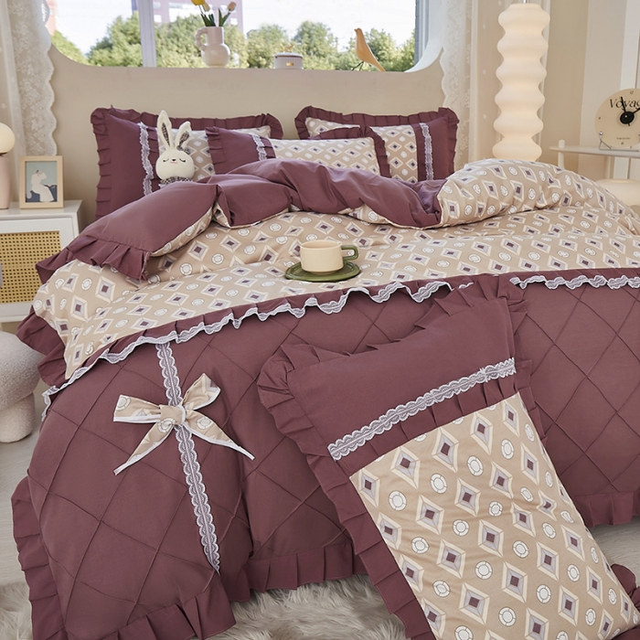 91家纺网 家纺一手货源 找家纺 靓生活 2023新款贡棉浪漫花边印花四件套 浮城迷恋-绿灰