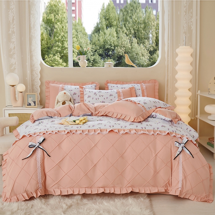 91家纺网 家纺一手货源 找家纺 靓生活 2023新款贡棉浪漫花边印花四件套 锦香婷-沁蓝