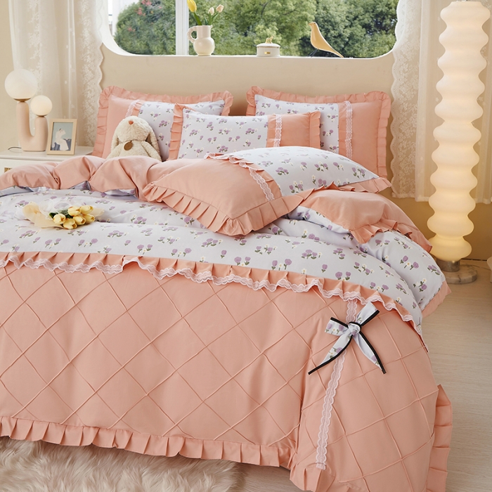 91家纺网 家纺一手货源 找家纺 靓生活 2023新款贡棉浪漫花边印花四件套 锦香婷-沁蓝