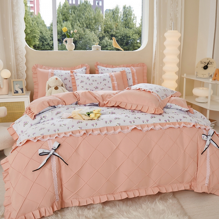 91家纺网 家纺一手货源 找家纺 靓生活 2023新款贡棉浪漫花边印花四件套 锦香婷-沁蓝