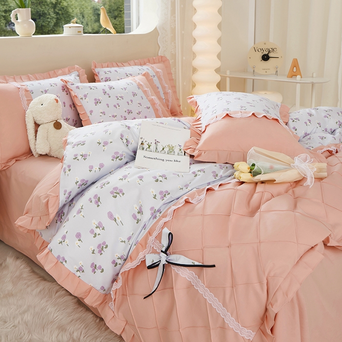 91家纺网 家纺一手货源 找家纺 靓生活 2023新款贡棉浪漫花边印花四件套 锦香婷-沁蓝