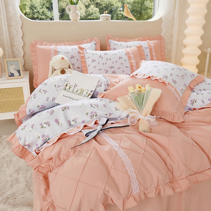 91家纺网 家纺一手货源 找家纺 靓生活 2023新款贡棉浪漫花边印花四件套 锦香婷-沁蓝