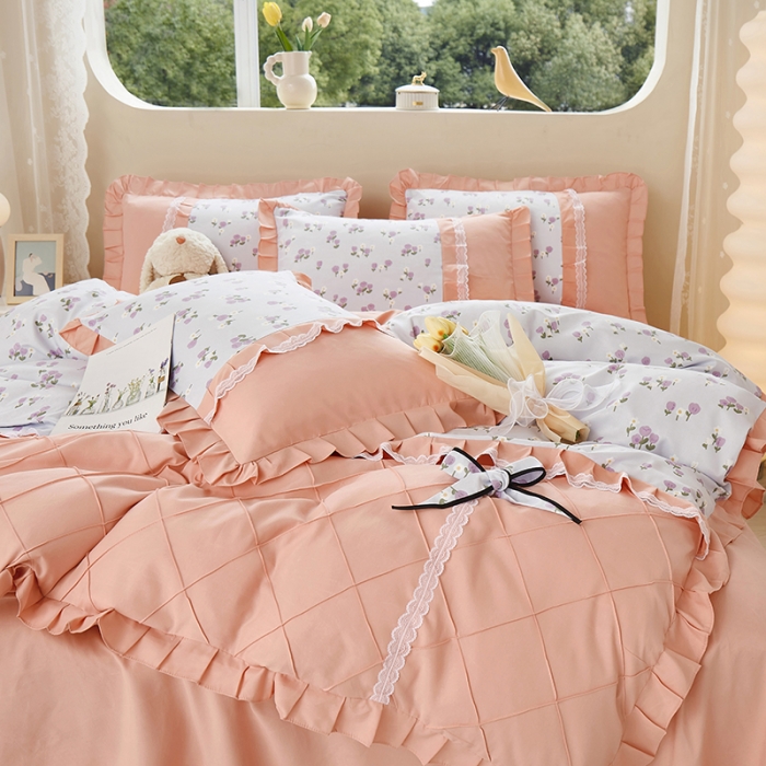 91家纺网 家纺一手货源 找家纺 靓生活 2023新款贡棉浪漫花边印花四件套 锦香婷-沁蓝