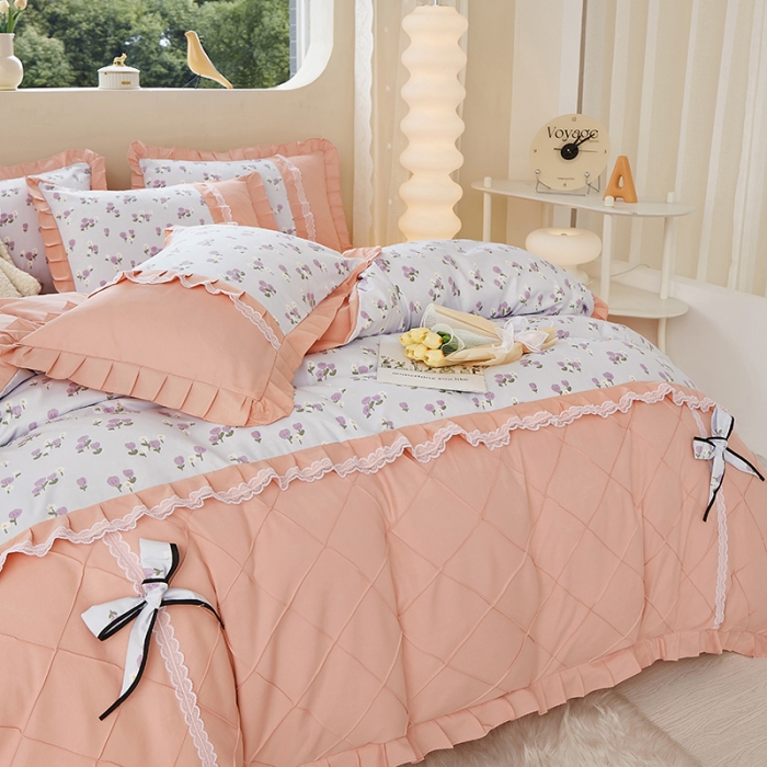 91家纺网 家纺一手货源 找家纺 靓生活 2023新款贡棉浪漫花边印花四件套 锦香婷-沁蓝