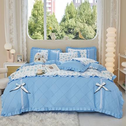 靓生活 2023新款贡棉浪漫花边印花四件套 卡萌-钛白