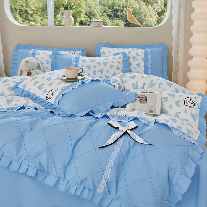 91家纺网 家纺一手货源 找家纺 靓生活 2023新款贡棉浪漫花边印花四件套 卡萌-钛白