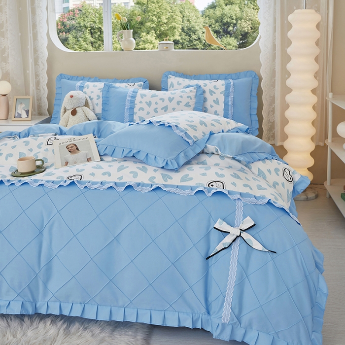 91家纺网 家纺一手货源 找家纺 靓生活 2023新款贡棉浪漫花边印花四件套 卡萌-钛白