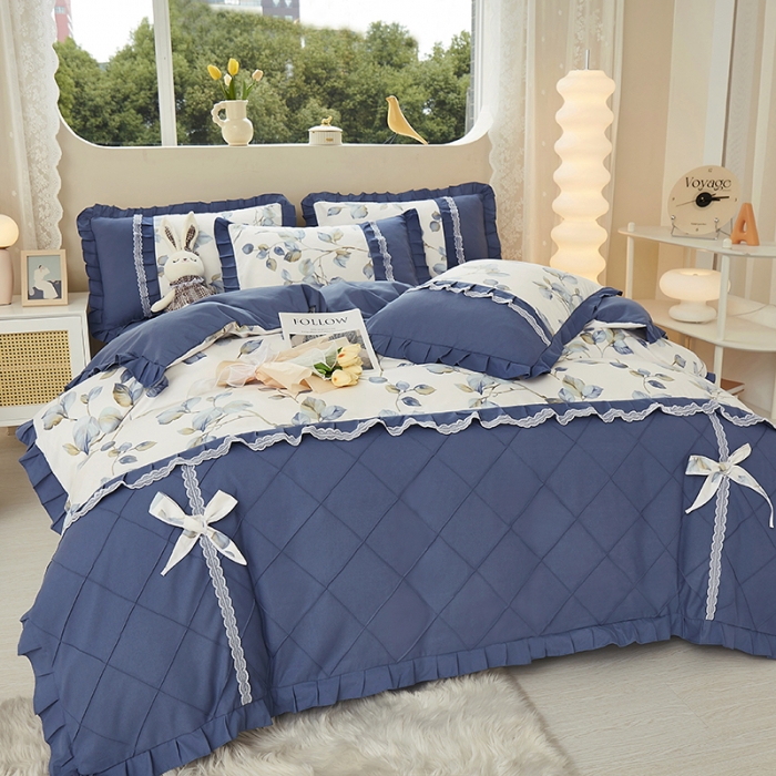 91家纺网 家纺一手货源 找家纺 靓生活 2023新款贡棉浪漫花边印花四件套 澜叶-珍珠白