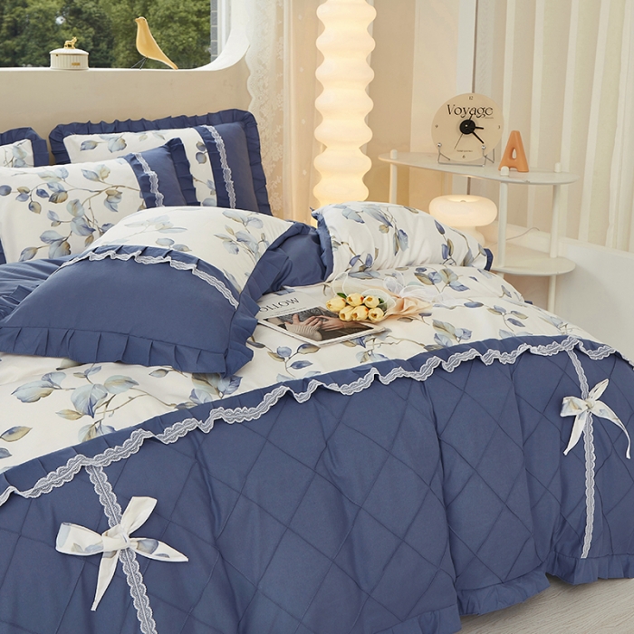 91家纺网 家纺一手货源 找家纺 靓生活 2023新款贡棉浪漫花边印花四件套 澜叶-珍珠白