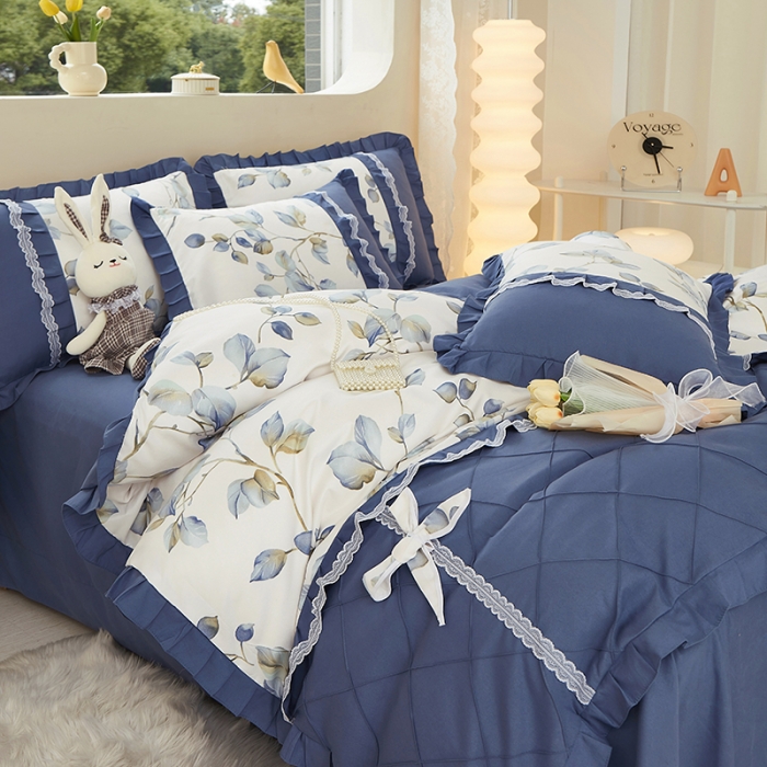 91家纺网 家纺一手货源 找家纺 靓生活 2023新款贡棉浪漫花边印花四件套 澜叶-珍珠白