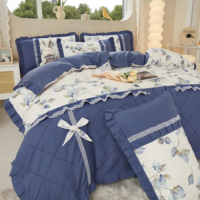 91家纺网 家纺一手货源 找家纺 靓生活 2023新款贡棉浪漫花边印花四件套 澜叶-珍珠白