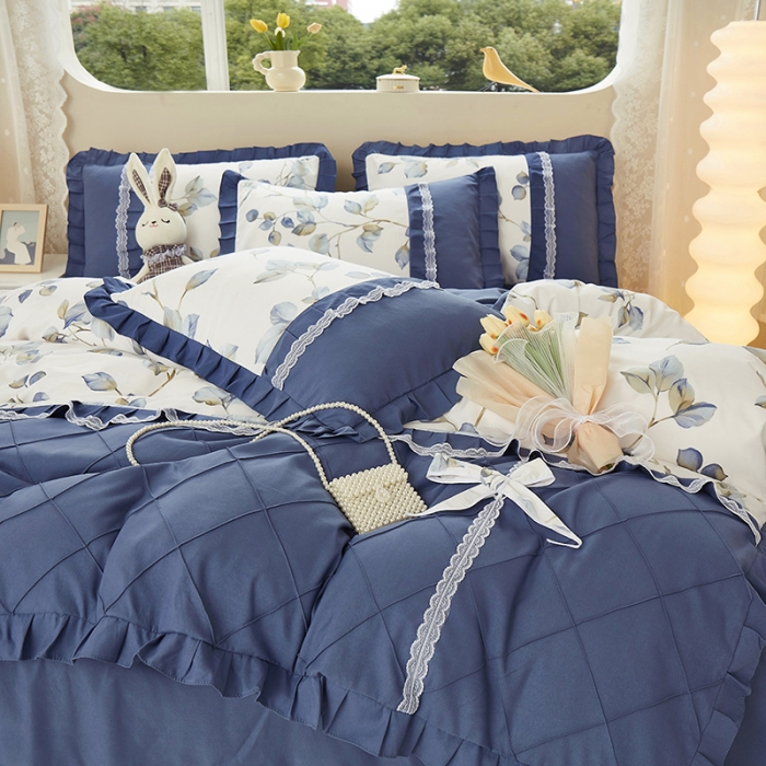 91家纺网 家纺一手货源 找家纺 靓生活 2023新款贡棉浪漫花边印花四件套 澜叶-珍珠白