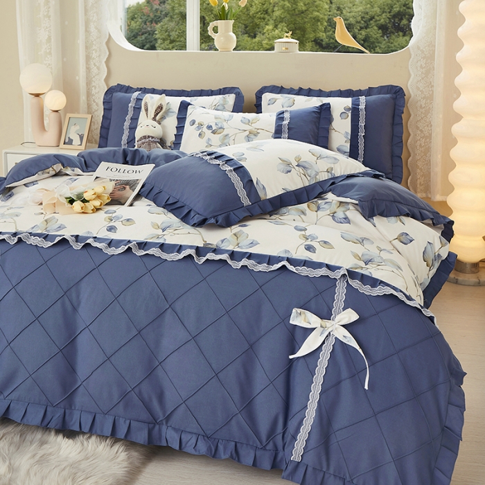 91家纺网 家纺一手货源 找家纺 靓生活 2023新款贡棉浪漫花边印花四件套 澜叶-珍珠白