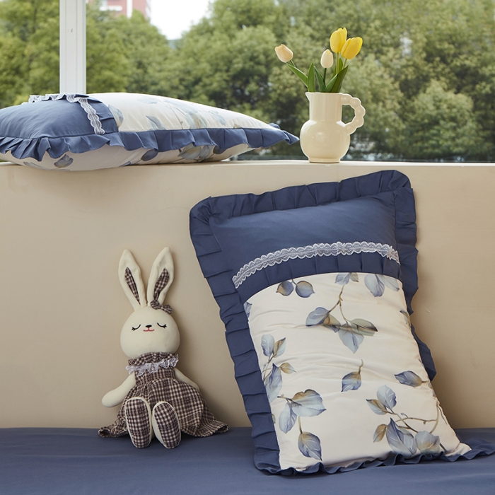 91家纺网 家纺一手货源 找家纺 靓生活 2023新款贡棉浪漫花边印花四件套 澜叶-珍珠白