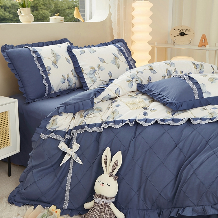 91家纺网 家纺一手货源 找家纺 靓生活 2023新款贡棉浪漫花边印花四件套 澜叶-珍珠白