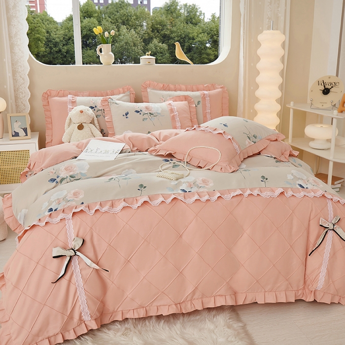 91家纺网 家纺一手货源 找家纺 靓生活 2023新款贡棉浪漫花边印花四件套 洛阳花开-米驼