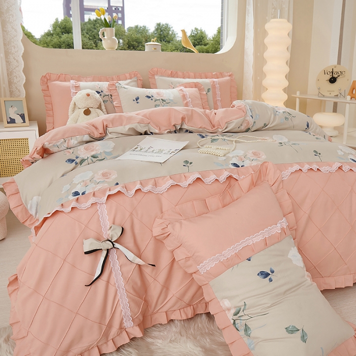 91家纺网 家纺一手货源 找家纺 靓生活 2023新款贡棉浪漫花边印花四件套 洛阳花开-米驼