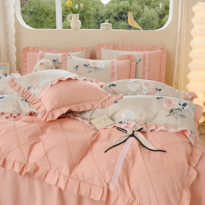 91家纺网 家纺一手货源 找家纺 靓生活 2023新款贡棉浪漫花边印花四件套 洛阳花开-米驼