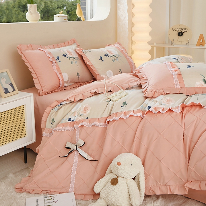 91家纺网 家纺一手货源 找家纺 靓生活 2023新款贡棉浪漫花边印花四件套 洛阳花开-米驼