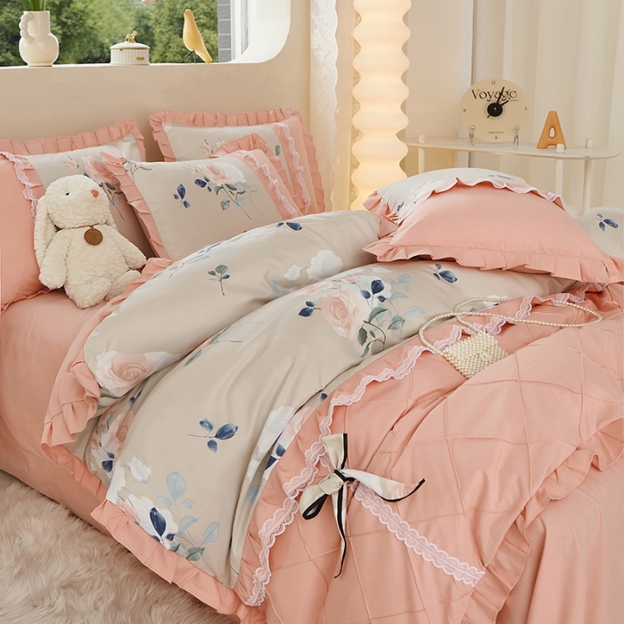 91家纺网 家纺一手货源 找家纺 靓生活 2023新款贡棉浪漫花边印花四件套 洛阳花开-米驼