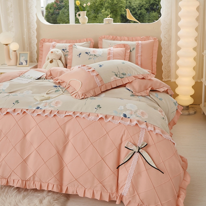 91家纺网 家纺一手货源 找家纺 靓生活 2023新款贡棉浪漫花边印花四件套 洛阳花开-米驼