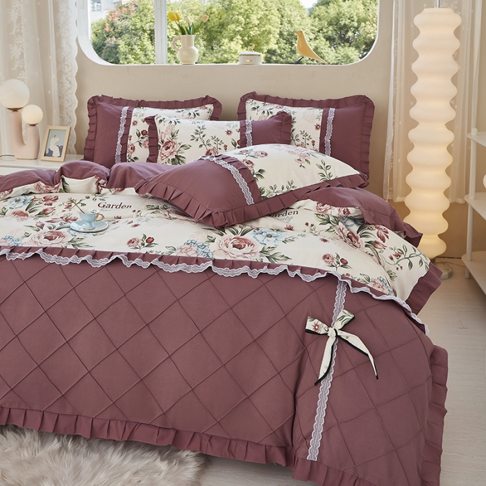 91家纺网 家纺一手货源 找家纺 靓生活 2023新款贡棉浪漫花边印花四件套 满园春色-清新白