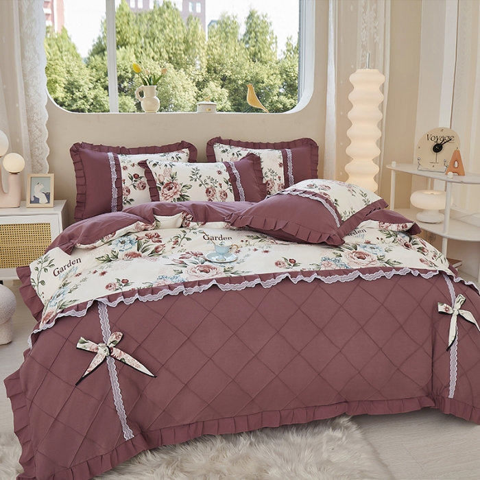 91家纺网 家纺一手货源 找家纺 靓生活 2023新款贡棉浪漫花边印花四件套 满园春色-清新白