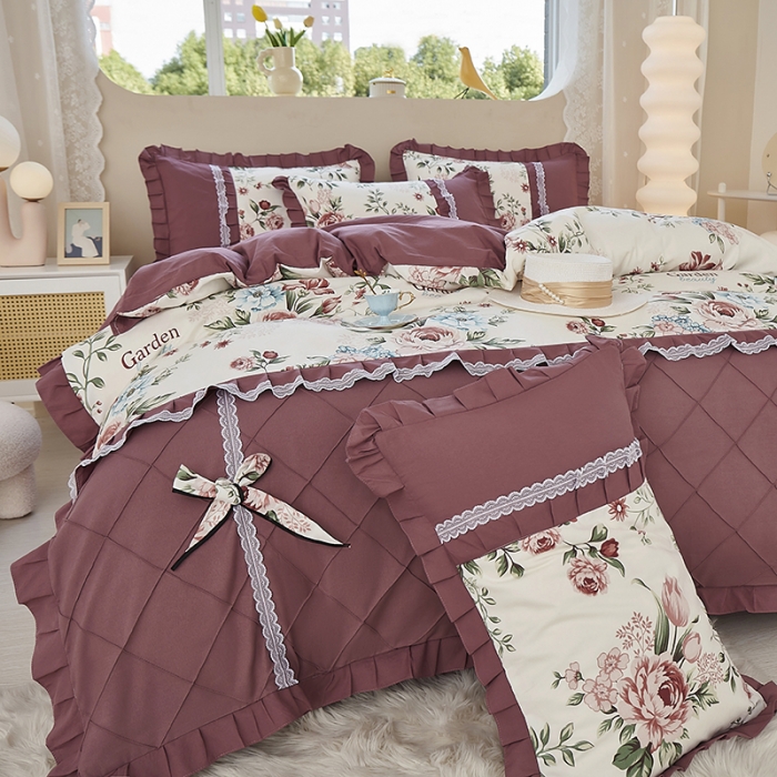 91家纺网 家纺一手货源 找家纺 靓生活 2023新款贡棉浪漫花边印花四件套 满园春色-清新白