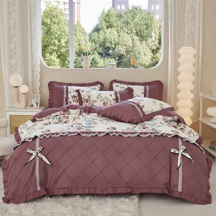 靓生活 2023新款贡棉浪漫花边印花四件套 满园春色-清新白