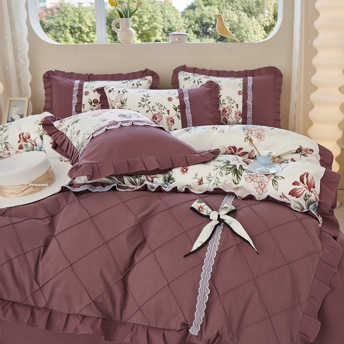 91家纺网 家纺一手货源 找家纺 靓生活 2023新款贡棉浪漫花边印花四件套 满园春色-清新白