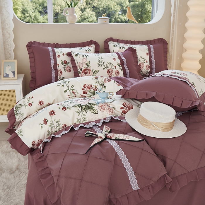 91家纺网 家纺一手货源 找家纺 靓生活 2023新款贡棉浪漫花边印花四件套 满园春色-清新白