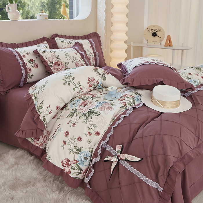 91家纺网 家纺一手货源 找家纺 靓生活 2023新款贡棉浪漫花边印花四件套 满园春色-清新白