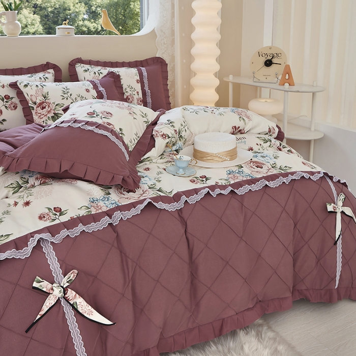 91家纺网 家纺一手货源 找家纺 靓生活 2023新款贡棉浪漫花边印花四件套 满园春色-清新白