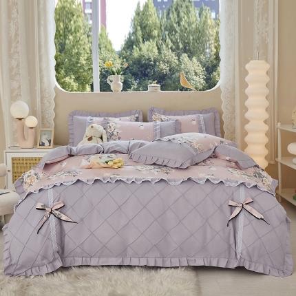 靓生活 2023新款贡棉浪漫花边印花四件套 漫花山影-清新粉