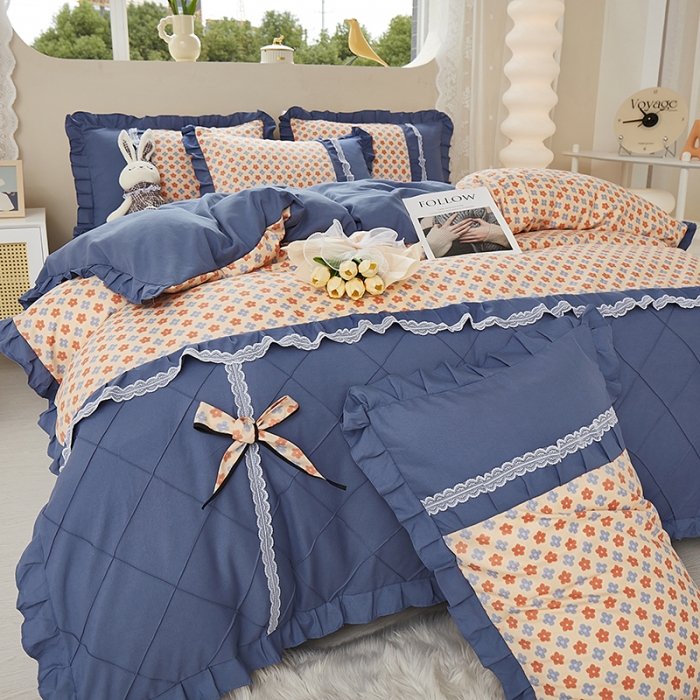 91家纺网 家纺一手货源 找家纺 靓生活 2023新款贡棉浪漫花边印花四件套 蒙德里安-香桔