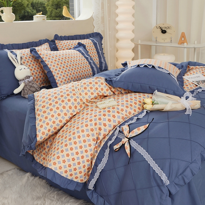 91家纺网 家纺一手货源 找家纺 靓生活 2023新款贡棉浪漫花边印花四件套 蒙德里安-香桔