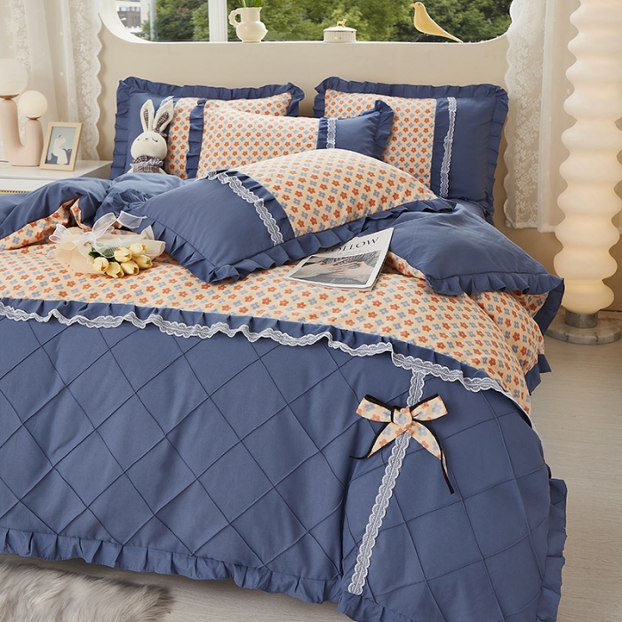 91家纺网 家纺一手货源 找家纺 靓生活 2023新款贡棉浪漫花边印花四件套 蒙德里安-香桔