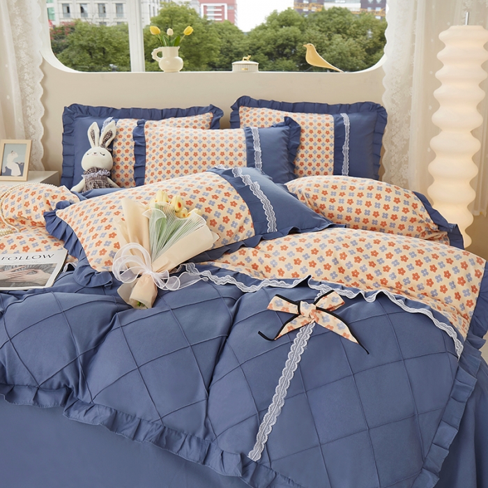 91家纺网 家纺一手货源 找家纺 靓生活 2023新款贡棉浪漫花边印花四件套 蒙德里安-香桔