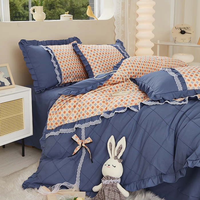 91家纺网 家纺一手货源 找家纺 靓生活 2023新款贡棉浪漫花边印花四件套 蒙德里安-香桔