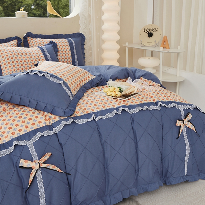 91家纺网 家纺一手货源 找家纺 靓生活 2023新款贡棉浪漫花边印花四件套 蒙德里安-香桔