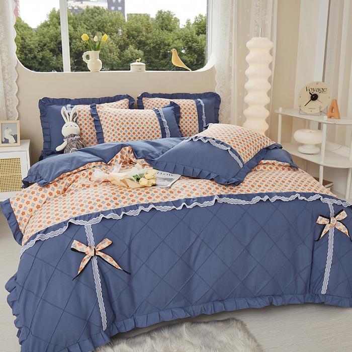 91家纺网 家纺一手货源 找家纺 靓生活 2023新款贡棉浪漫花边印花四件套 蒙德里安-香桔