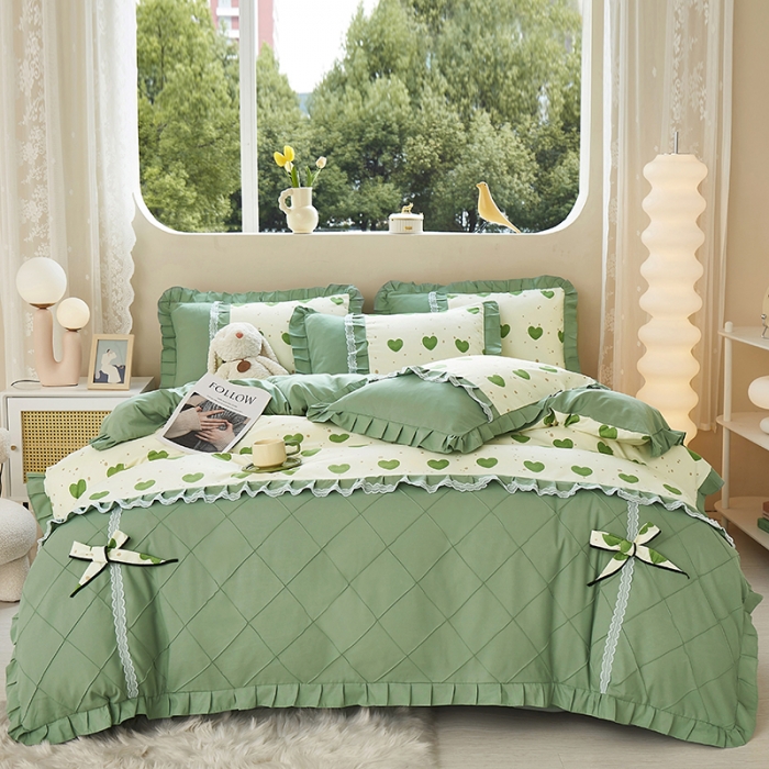 91家纺网 家纺一手货源 找家纺 靓生活 2023新款贡棉浪漫花边印花四件套 米可-苹果绿