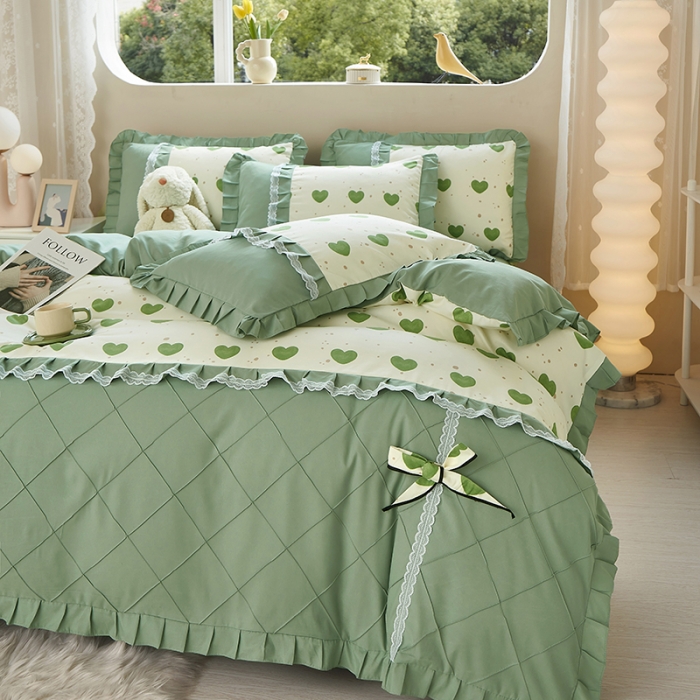 91家纺网 家纺一手货源 找家纺 靓生活 2023新款贡棉浪漫花边印花四件套 米可-苹果绿