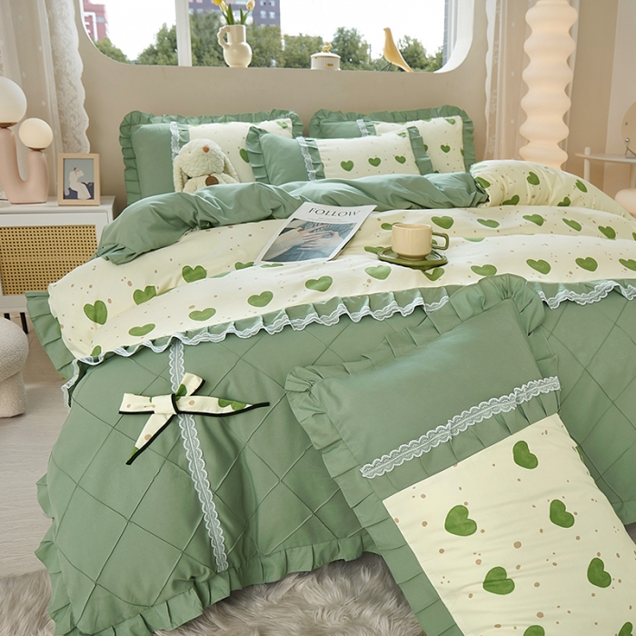 91家纺网 家纺一手货源 找家纺 靓生活 2023新款贡棉浪漫花边印花四件套 米可-苹果绿
