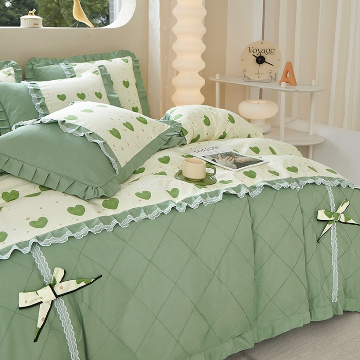 91家纺网 家纺一手货源 找家纺 靓生活 2023新款贡棉浪漫花边印花四件套 米可-苹果绿