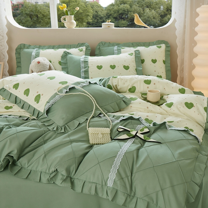 91家纺网 家纺一手货源 找家纺 靓生活 2023新款贡棉浪漫花边印花四件套 米可-苹果绿