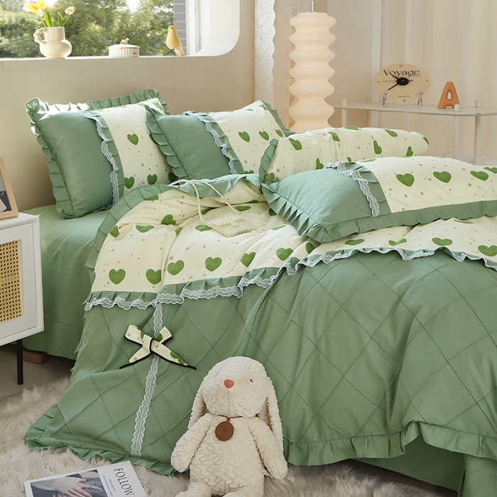 91家纺网 家纺一手货源 找家纺 靓生活 2023新款贡棉浪漫花边印花四件套 米可-苹果绿