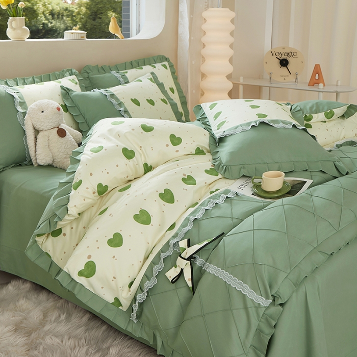 91家纺网 家纺一手货源 找家纺 靓生活 2023新款贡棉浪漫花边印花四件套 米可-苹果绿